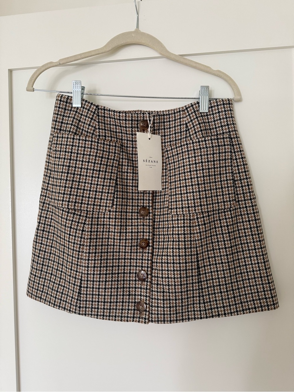 Sezane Nehir Mini Skirt in Navy Ochre Houndstooth